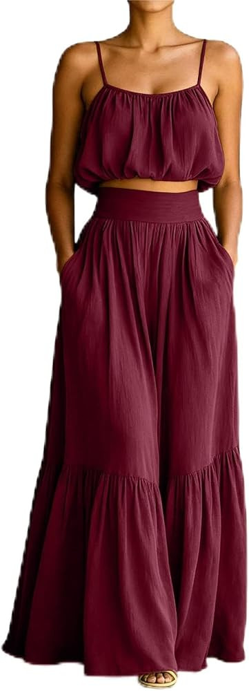 HGps8w Women's 2 Piece Outfits, Spaghetti Strap Crop Top & Flowy Wide Leg Pants Loose Summer Beac... | Amazon (US)