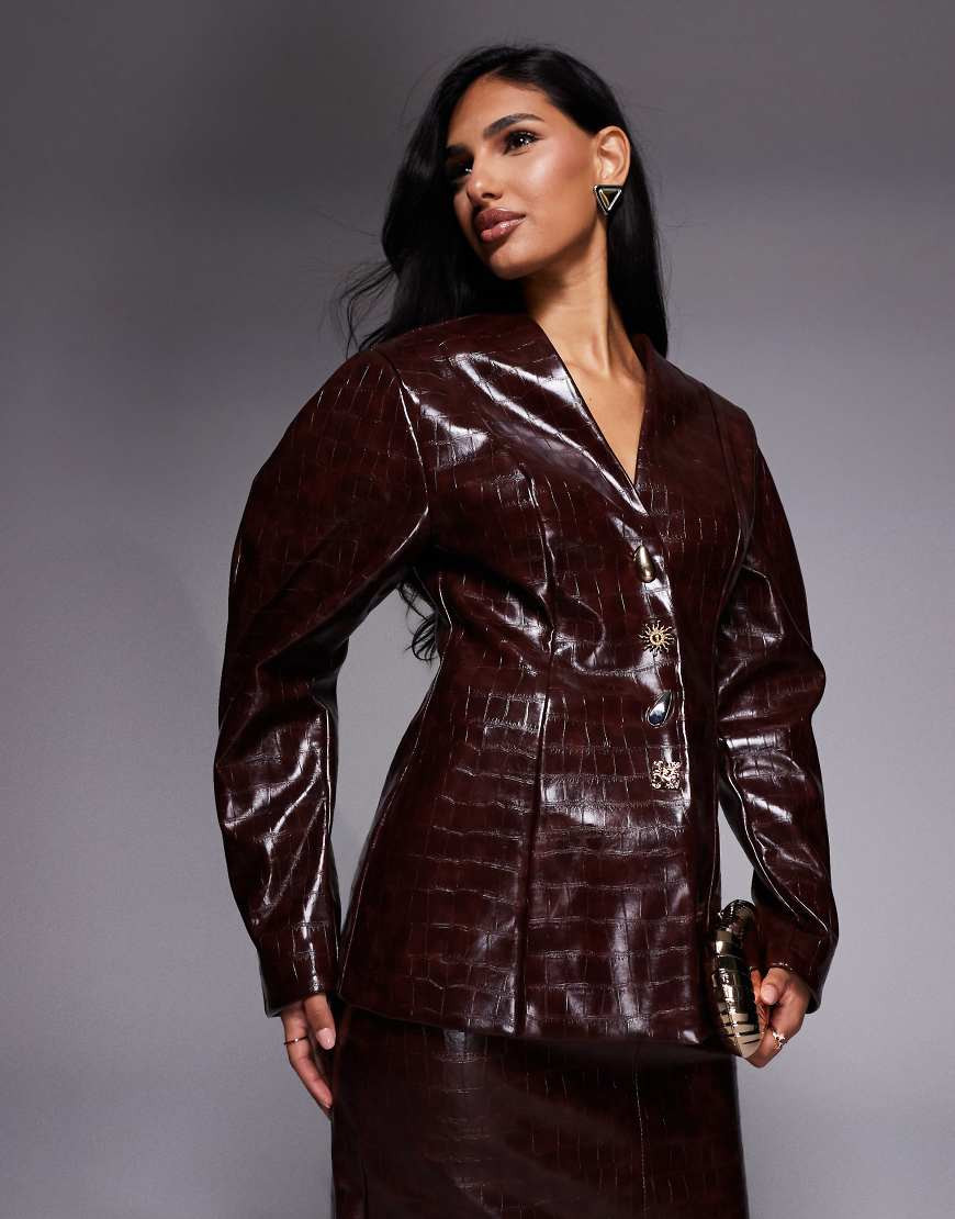 ASOS LUXE co-ord croc structured blazer with gold buttons in chocolate-Brown | ASOS (Global)