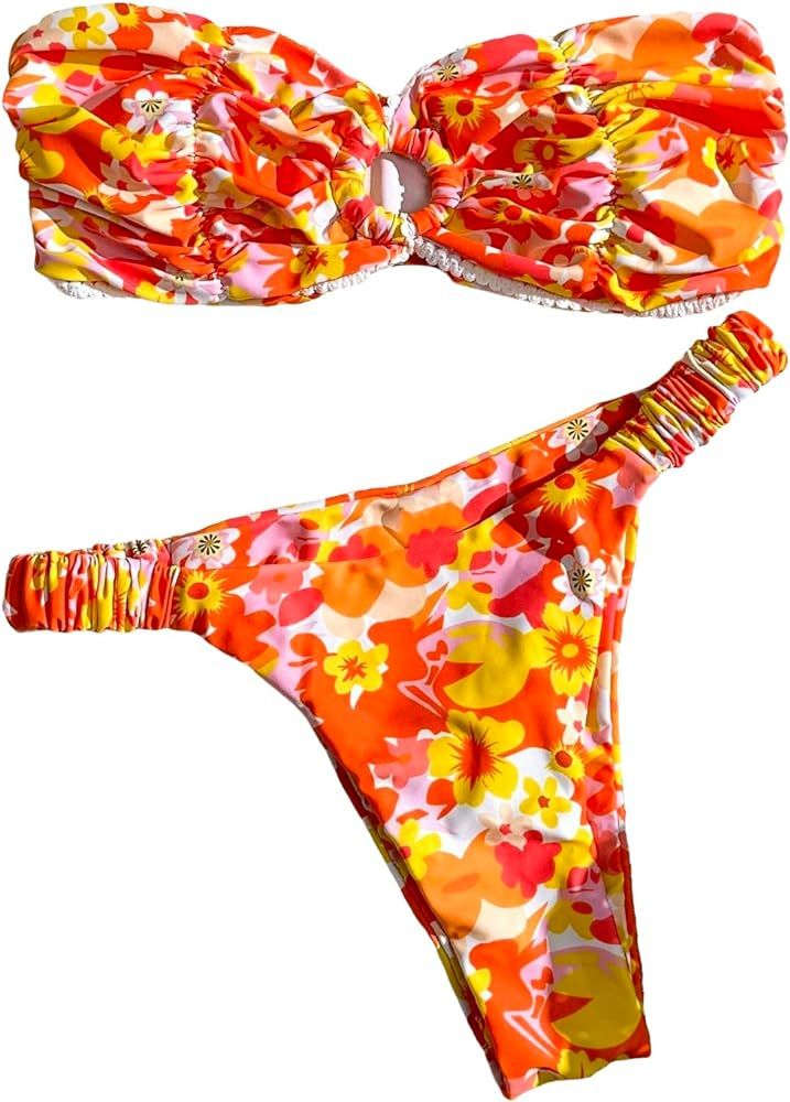 GORGLITTER Women's Floral Swimsuit Strapless Bandeau High Cut Thong Bikini Set Bathing Suit | Amazon (US)