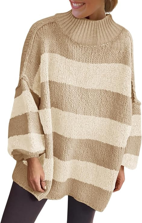 Saodimallsu Womens Oversized Striped Sweater Mock Neck Chunky Knit Lantern Long Sleeve Fall Trend... | Amazon (US)