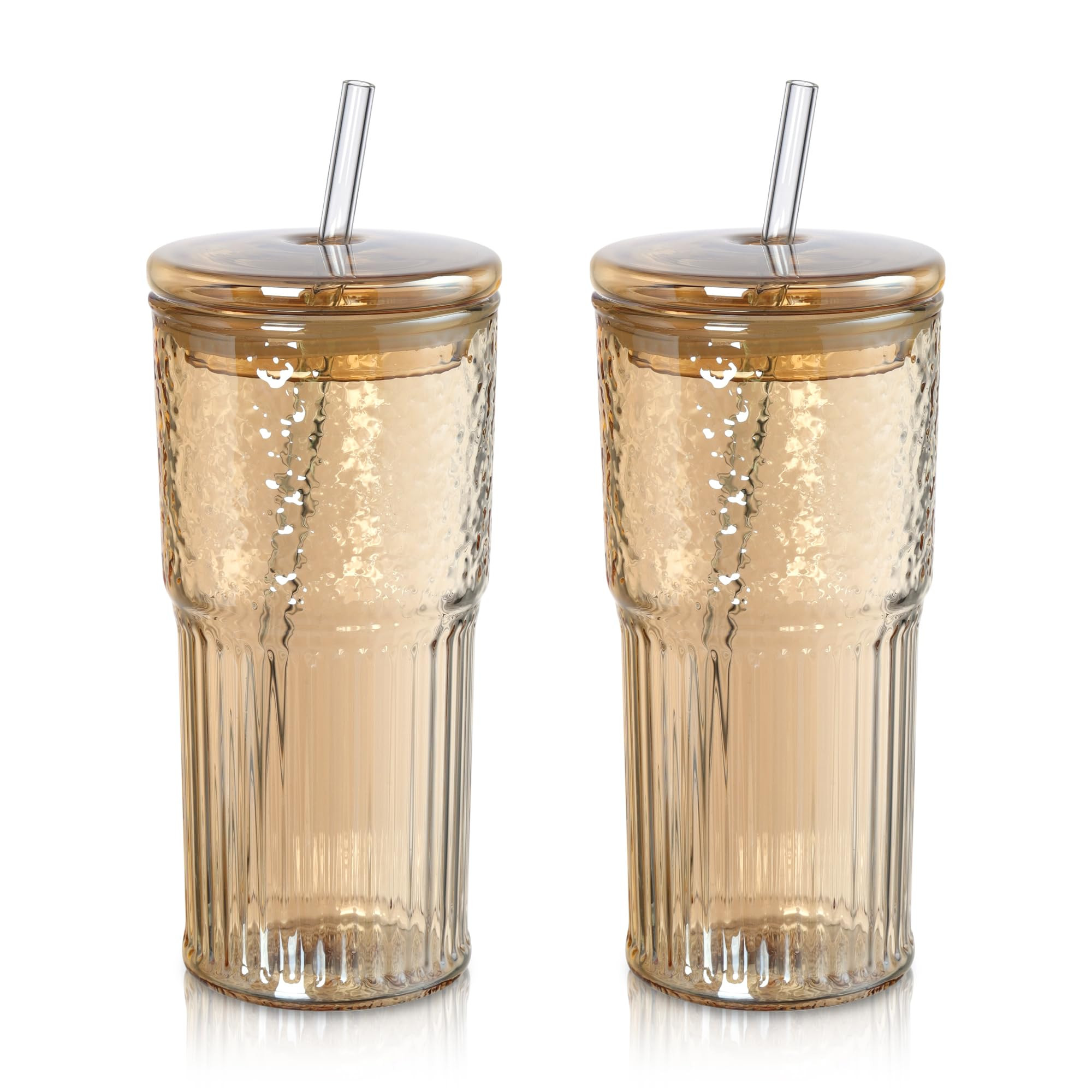 Joeyan 22 oz Amber Glass Tumbler with Straw and Lid for Iced Tea Coffee Smoothie Water Juice Beve... | Amazon (US)