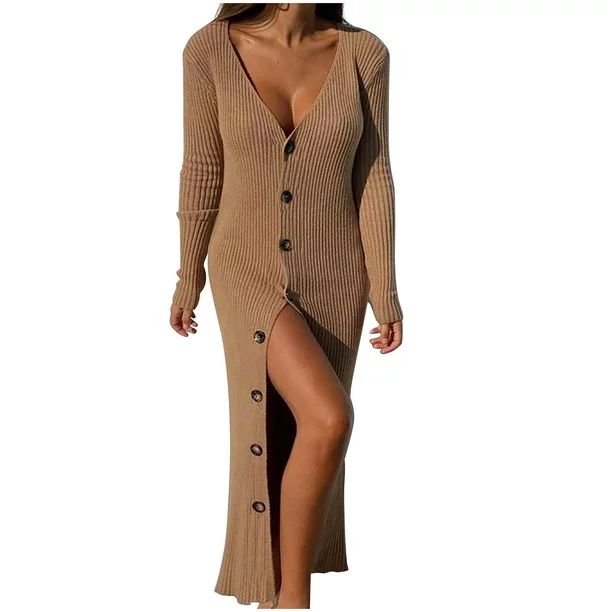 Women's Button Down Long Sleeve Cardigan Outerwear Sweater Dress Slim Fitted Solid Color V Neck R... | Walmart (US)