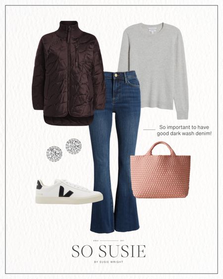 Fall outfit idea from my most recent capsule wardrobe! Varley makes amazing quilted jackets in the best colors - I love the brown and I own the blue myself. Treat yourself to a cashmere sweater from Nordstrom and toss on a pair of Veja sneakers for a casual day out!

#LTKover40 #LTKSeasonal #LTKstyletip