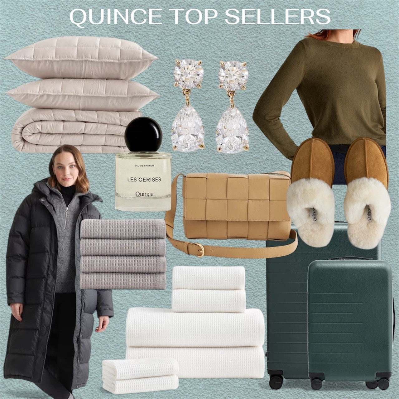 Quince best-sellers include a puffer coat, a soft cashmere sweater, shearling slippers, towel sets, luggage, a woven crossbody bag, a duvet insert, and the Les Cerises perfume. Perfect holiday gifts, cozy winter essentials, and travel must-haves. Everything is high-quality, elevated, and budget-friendly. Gifts for everyone!

#LTKTravel #LTKHome #LTKGiftGuide #LTKHoliday