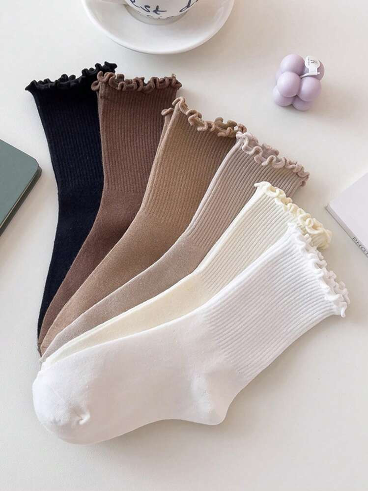 6pairs/Pack Women Breathable Ruffle Trim Korean Style Versatile Crew Socks | SHEIN
