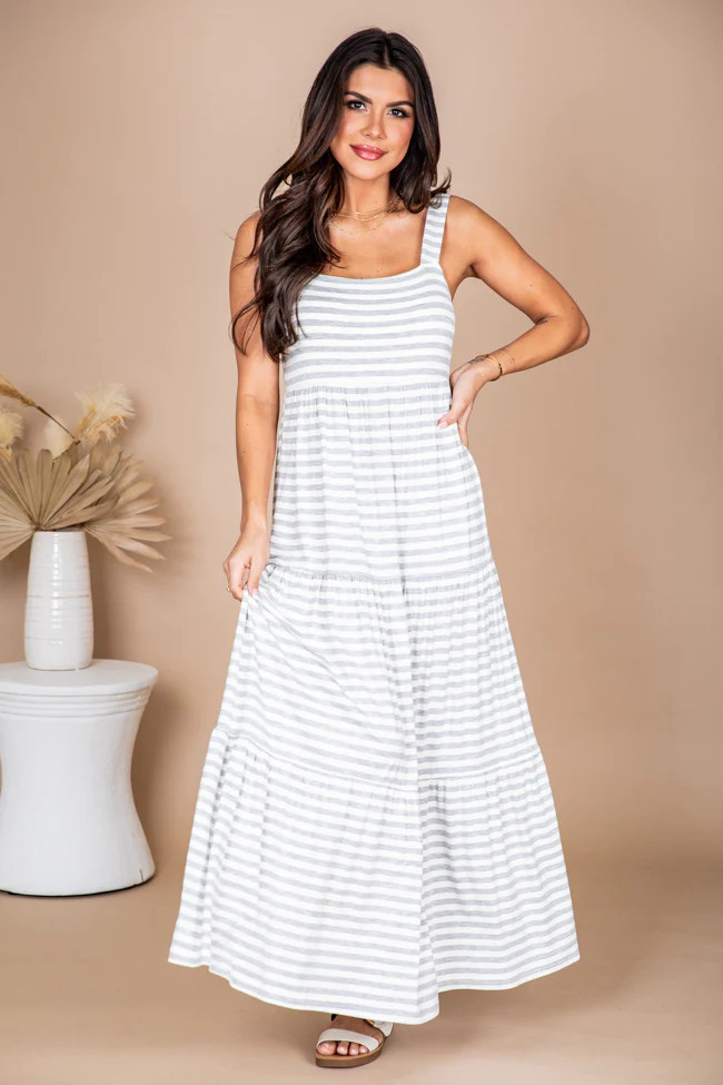 Time For Something Grey Stripe Knit Maxi Dress With Padded Top | Pink Lily