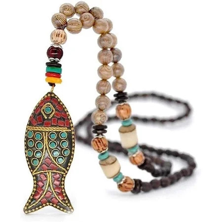 Boho Necklaces For Women Long Pendant Beads Necklace Vintage Ethnic Bohemian Lucky Jewelry Handmade Wooden Bead Fish Charms Sweater Chains Fashion Cos | Walmart (US)