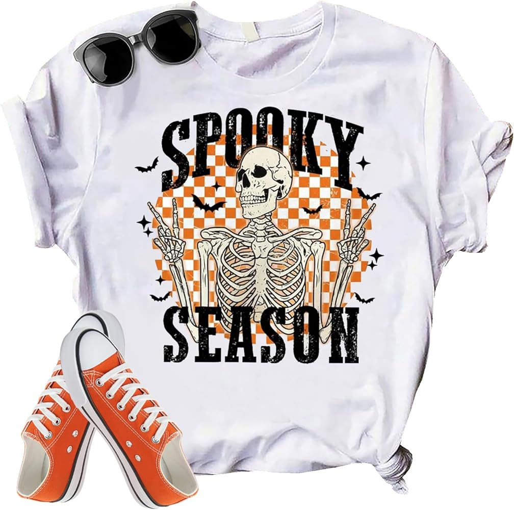 Spooky Season Tshirt, Retro Halloween Shirt, Halloween Skull Shirt, Trendy Halloween Shirt, Hippi... | Amazon (US)