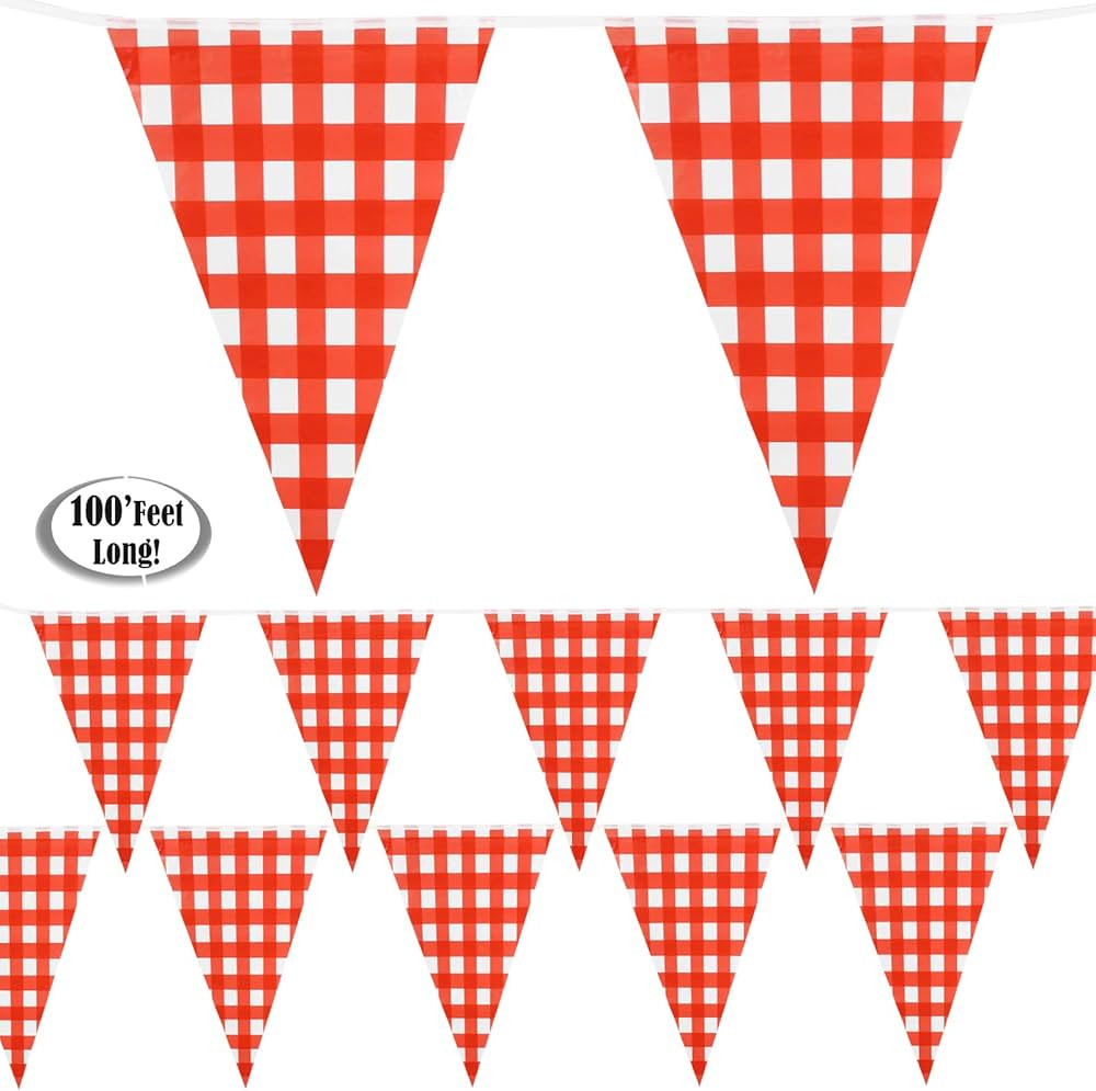 Red Checkered Banner 100’ Feet Long | Gingham Pennant Flags | Red and White Checkered Pennant B... | Amazon (US)