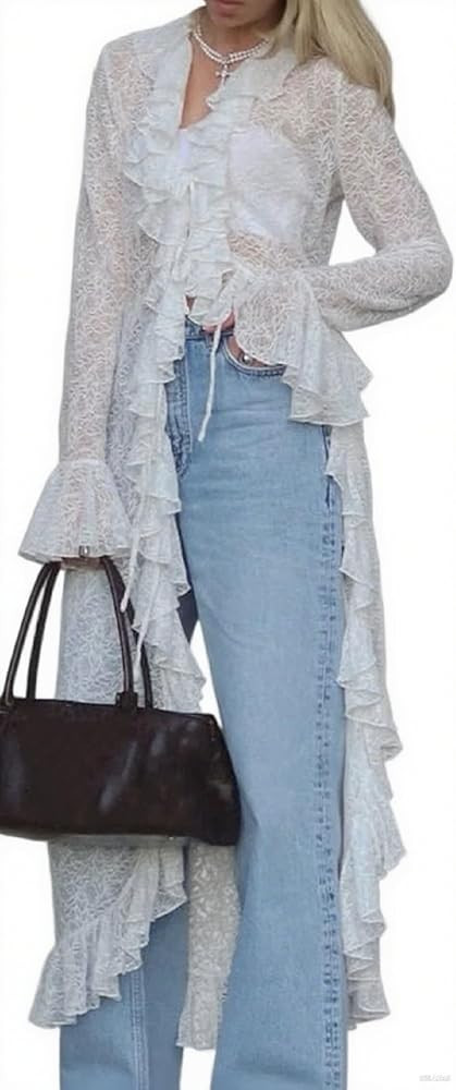 Women Lace Mesh Flowy Maxi Top Tie Front Kimono Cardigan Sheer Long Sleeve Ruffled Duster Layerin... | Amazon (US)