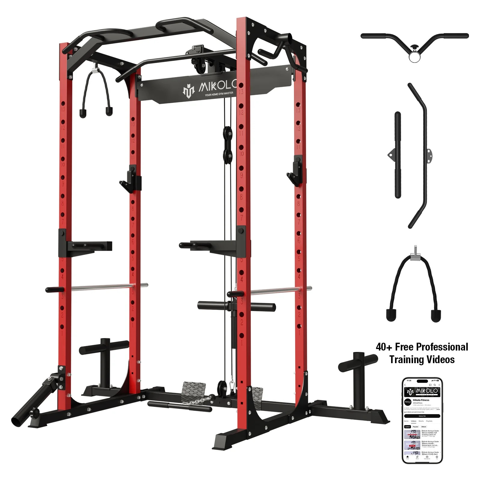 Mikolo Multi-Functional Squat Rack with LAT Pulldown System Exercise Power Cages, Metal Red | Walmart (US)