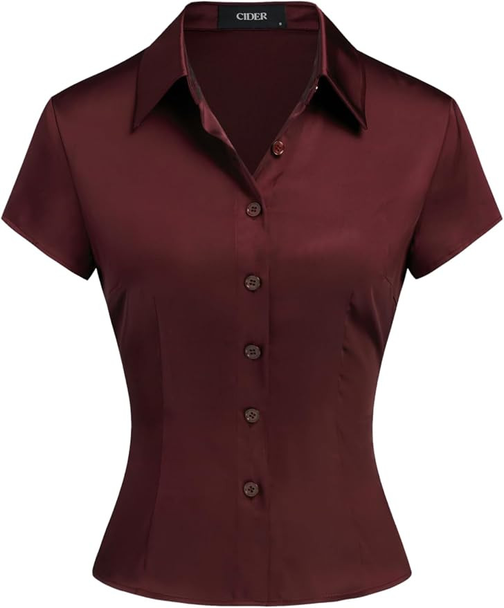 CIDER Shirts for Women Satin Collar Short Sleeve Button Down Blouse Work Office Elegant Shirt Wom... | Amazon (US)