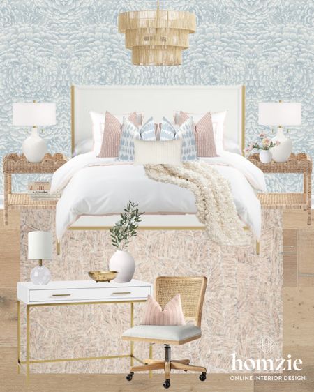 How cute is this bedroom design for a teen or pre-teen girl!? The soft blues and pinks are so fun! Love the fun patterned wall paper and light fixture too! Can’t get enough of the rattan nightstands either!

#LTKFind #LTKfamily #LTKhome