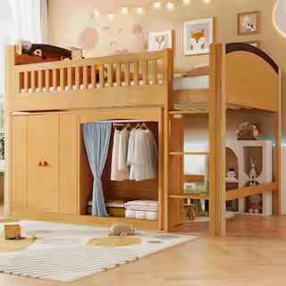 Wood Twin Wood Loft Bed with Storage Cabinet, Wardrobe and LED | The Home Depot