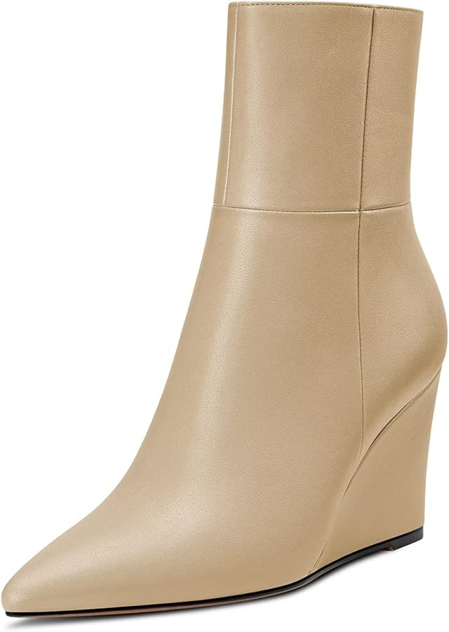 CASTAMERE Women High Heel Wedge Pointed Toe Ankle Boots Short Bootie Classic Zipper Slip-on Boots... | Amazon (US)