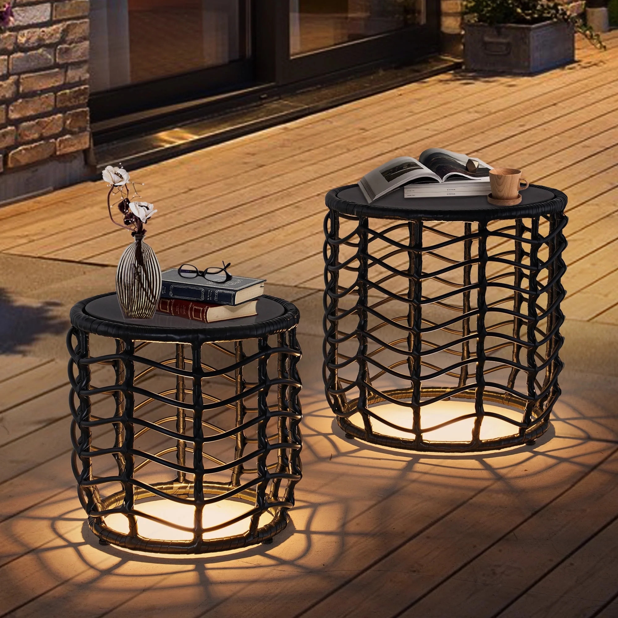 GRANDPATIO Outdoor Modern Boho Style Wave Wicker End Tables,Built-in Solar Lights, Black (Set of ... | Walmart (US)