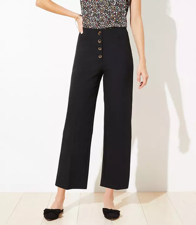 Petite Button Front High Waist Wide Leg Ankle Pants | LOFT