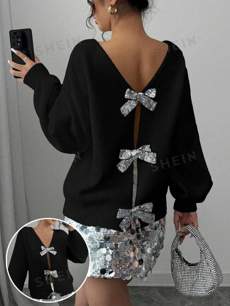 SHEIN Privé Casual Bowknot Open Back Women's Loose Knit Sweater, Autumn/Winter,Long Sleeve Tops | SHEIN