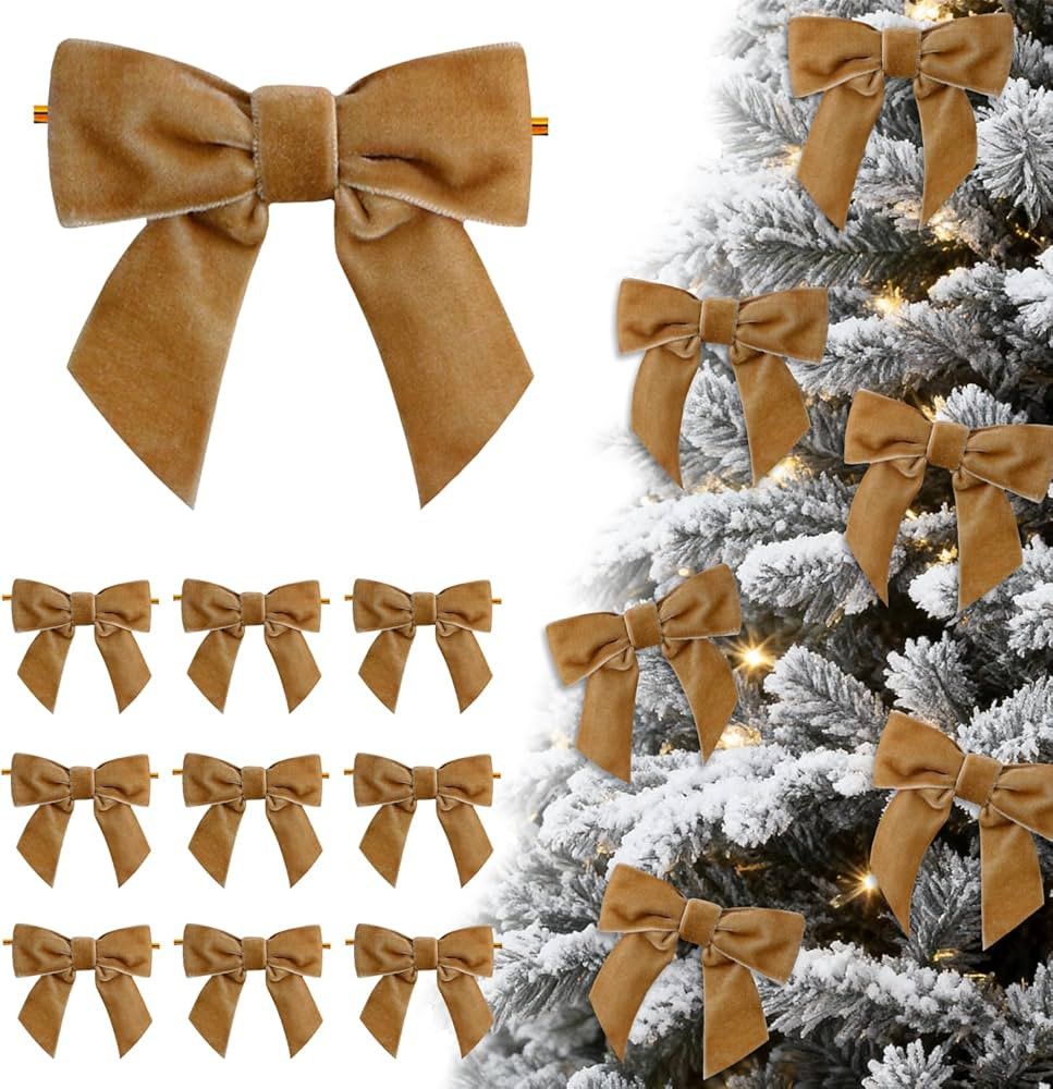 24 Pcs Khaki Brown Small Velvet Bows Ornaments for Christmas Tree, Vintage Cute Velvet Bows Home ... | Amazon (US)