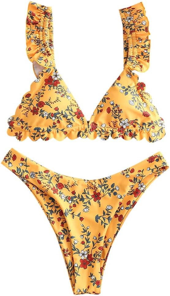 ZAFUL Women's Spaghetti Strap Tie Back Ruffle Triangle Bikini Set Swimsuit | Amazon (US)