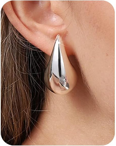 PANSHI Sterling Silver Post Gold Drop Earrings | Lightweight Chunky Gold Hoop Teardrop Earrings f... | Amazon (US)