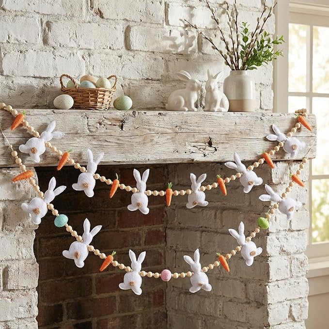 Marsui 2 Pas Easter Garland Felt Bunny Carrot Rabbit 6 Ft Wooden Beads Easter Banner Rustic Firep... | Amazon (US)