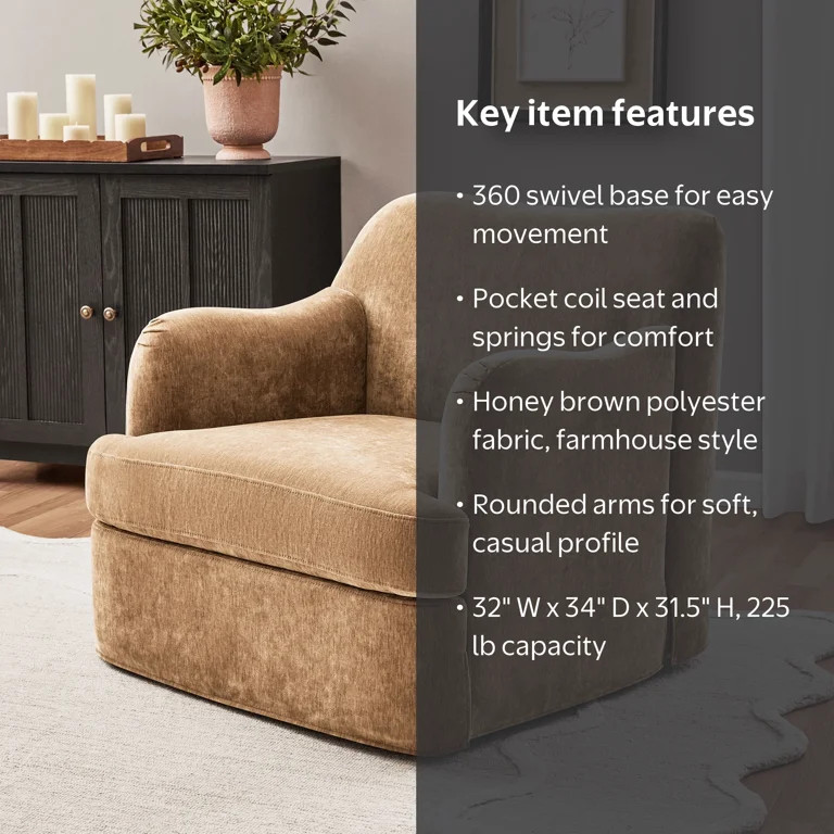My Texas House Lauren Swivel Accent Chair, Honey Brown Fabric Upholstery | Walmart (US)