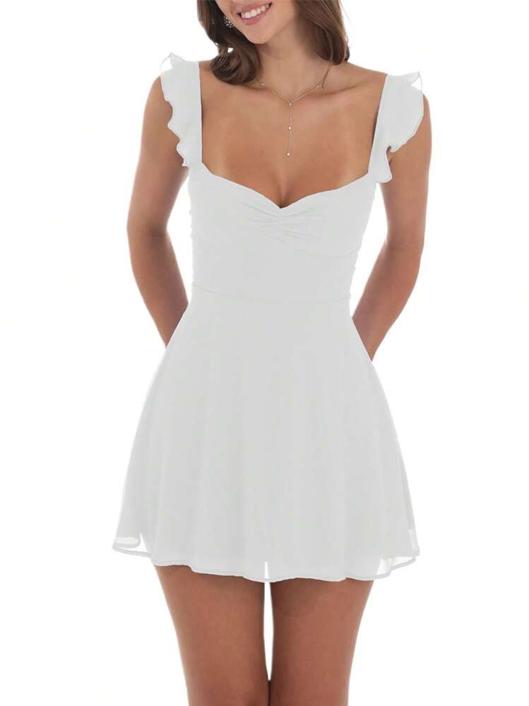 Women Summer Mini Cami Dress Solid Color Sleeveless Open Back Smocked Waist Mesh Dress | SHEIN