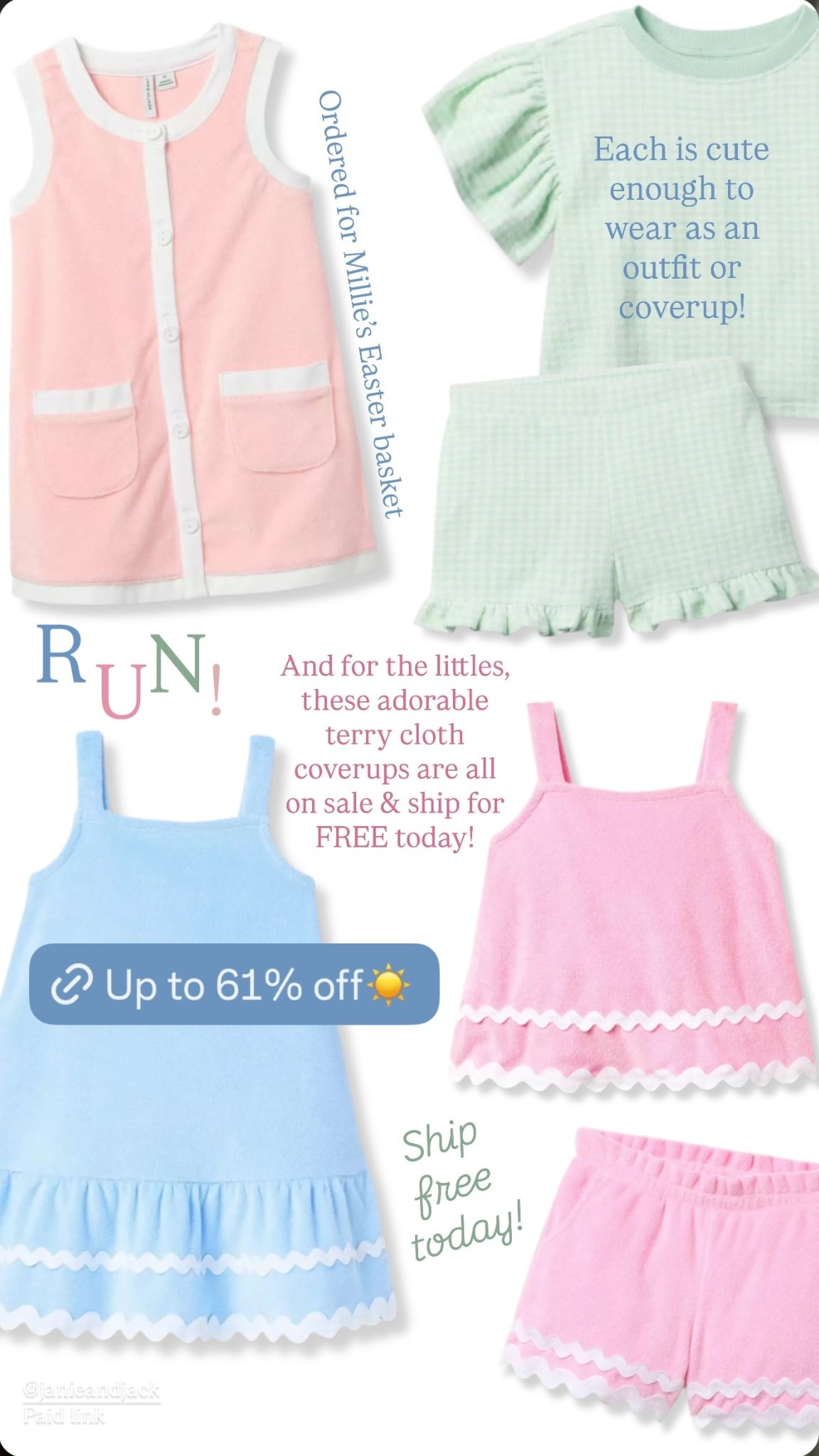 Up to 60% off + free shipping today on these adorable girls terry cloth coverups! Perfect for the pool or beach. Makes a great Easter basket gift☀️🐣

Janie and jack, kids clothing, swimsuit, girls swimsuit, children’s clothing 

#LTKSaleAlert #LTKKids #LTKSwim
