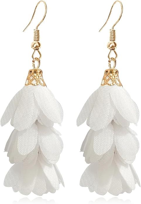 JNONL Handmade Bohemian Chic Long Fabric Flower Tassel Dangle Drop Earrings Cute Lightweight Flor... | Amazon (US)