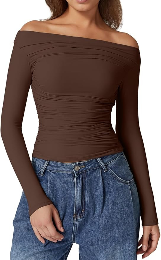 QINSEN Womens Off Shoulder Long Sleeve Tops Ruched Going Out Crop Slim Fitted Double Lined Shirts | Amazon (US)