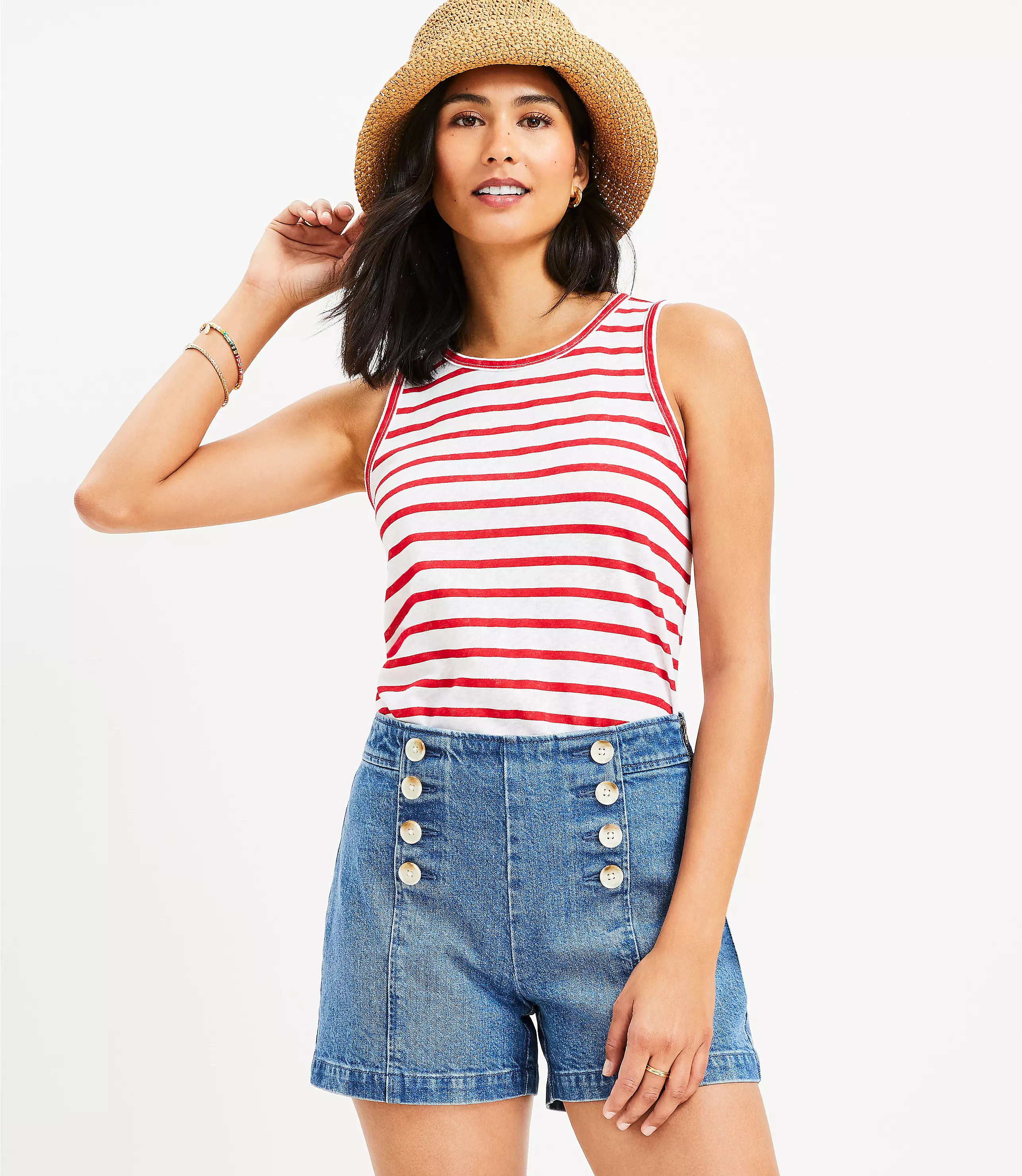 High Rise Denim Sailor Shorts in Mid Wash | LOFT