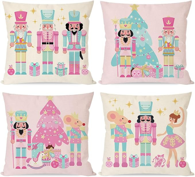PANDICORN Pink Christmas Pillow Covers 18x18 Set of 4 Nutcracker Christmas Decor Pastel Candyland... | Amazon (US)