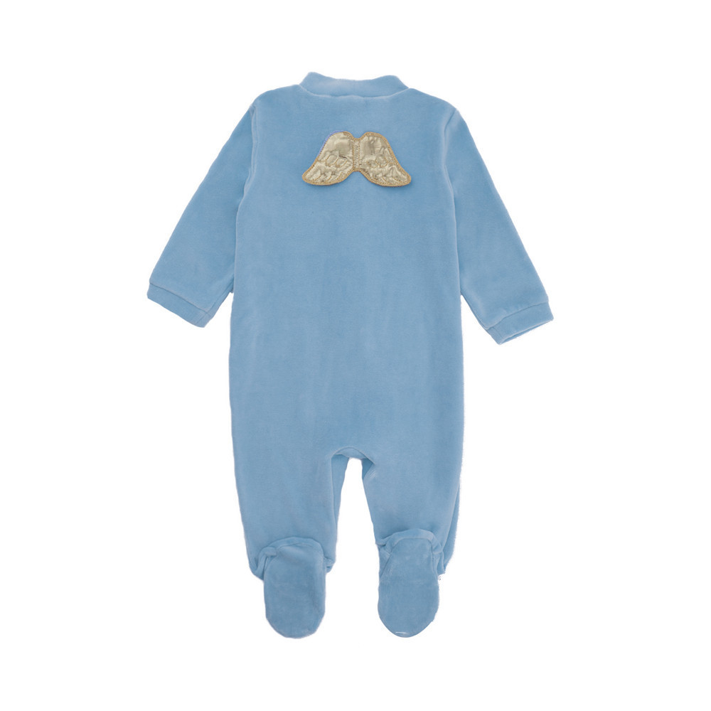 ANGEL WING GOLD VELOUR SLEEPSUIT - DUSTY BLUE | Marie-Chantal