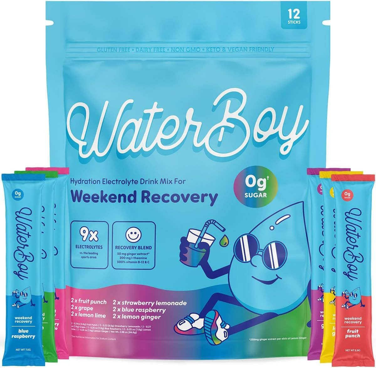 Waterboy Weekend Recovery | 3,200mg Electrolyte Powder Packets | Ginger + L-Theanine + Vitamins |... | Amazon (US)