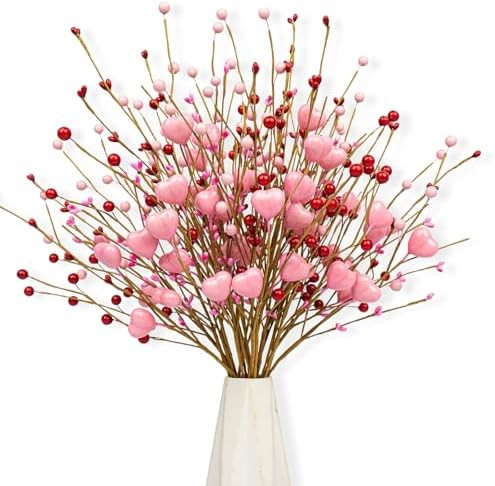 J'FLORU Valentine's Day Gifts Valentines Day Decorations 24 Pack Pink Heart Shaped Berry Picks wi... | Amazon (US)