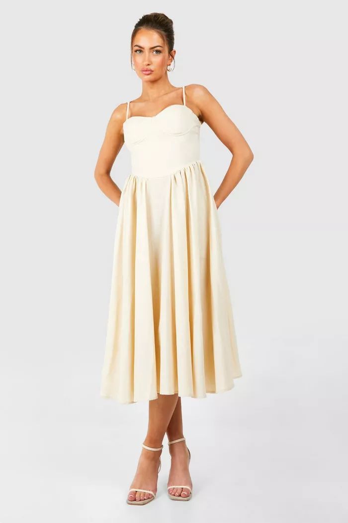 Linen Milkmaid Midi Dress | boohoo (US & Canada)