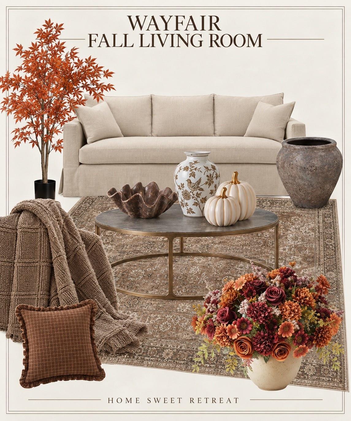 Wayfair fall finds for a living room that feels warm, layered + cozy without going full pumpkin patch 🍂🤎

Rich browns, vintage-inspired patterns, soft texture and just enough fall color to completely change the feel of a neutral room.