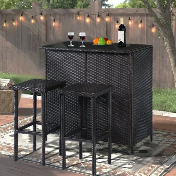 Mcombo  Patio Bar Set,Wicker Outdoor Table and 2 Stools,3 Piece Patio Furniture with Storage 1BK ... | Walmart (US)