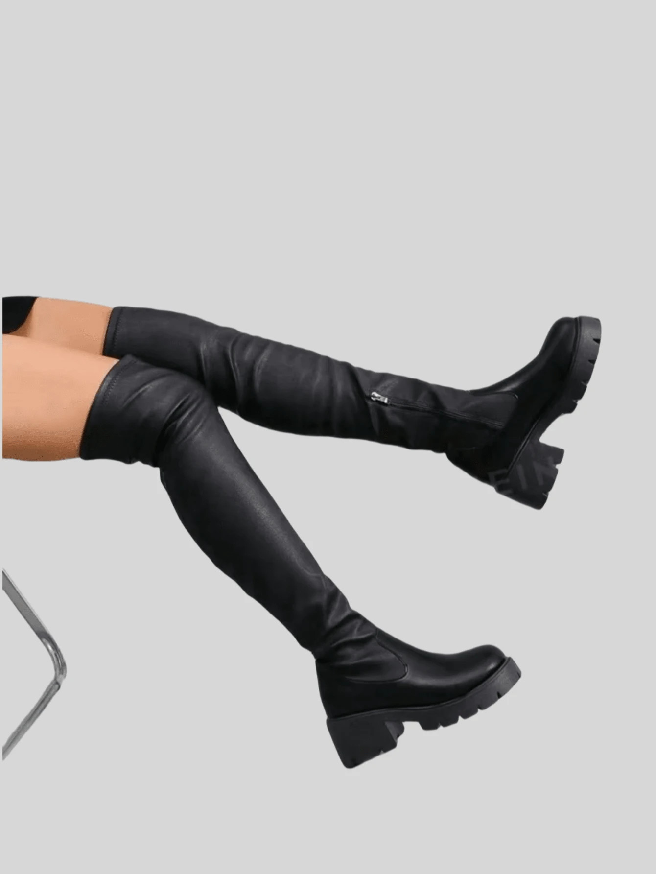 Women's New Gothic Over-The-Knee Boots, Comfortable Round Toe Chunky Heel Ankle Boots For Spring & Autumn, Elastic Soft Leather & Side Zipper, Suitable For Back To School & Daily Wear | SHEIN