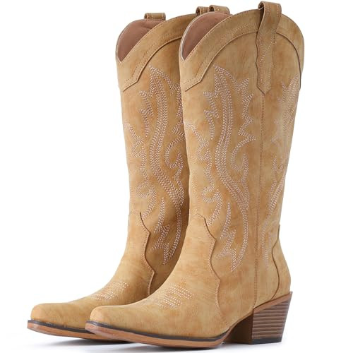 IUV Cowboy Boots For Women Western Cowgirl Boots Mid Calf Snip Toe | Amazon (US)