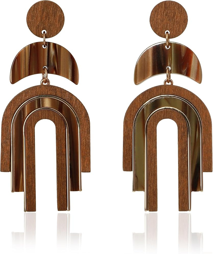 Ozel - Natural Wooden Acrylic Boho Drop Dangle Earrings for Women - Geometric Statement Jewellery... | Amazon (US)