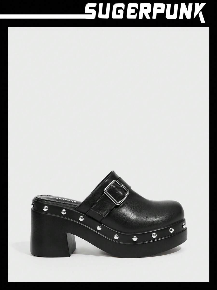 Sugerpunk Women's Fashionable Thick Sole Solid Color Black Mules With Buckle Decorated High Heels... | SHEIN