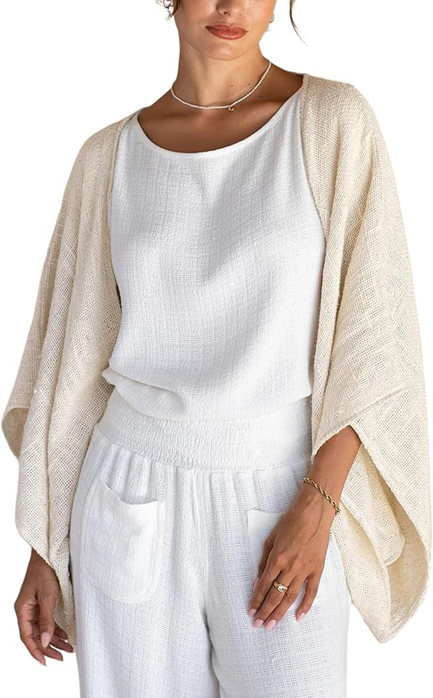 Women Linen Lightweight Cardigan Open Front 3/4 Sleeve Shawls Wraps Shrug Jackets Kimono Poncho L... | Amazon (US)