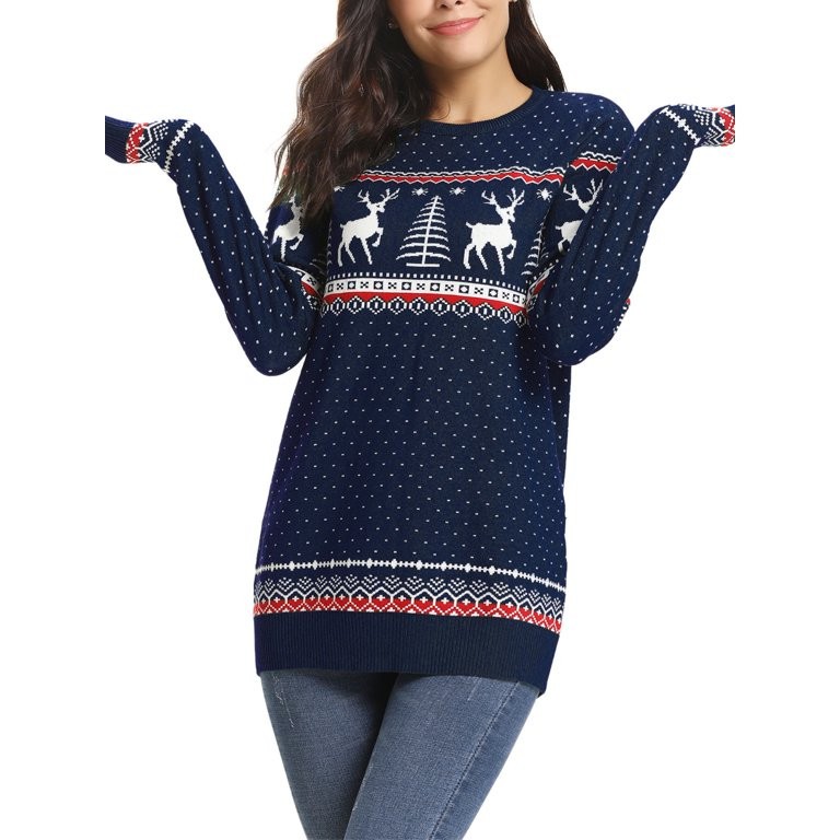 Chama Christmas Jumper for Women Crew Neck Reindeers Snowflake Sweaters - Walmart.com | Walmart (US)