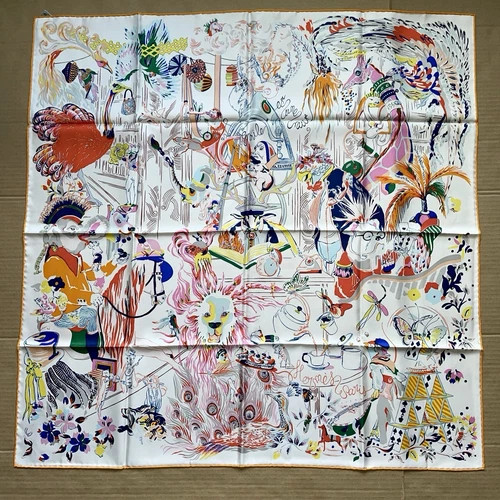 New Hermes Silk Emile Et Une Nuit scarf 90 34"x34" White Blue Pink Yellow Orange | eBay | eBay US