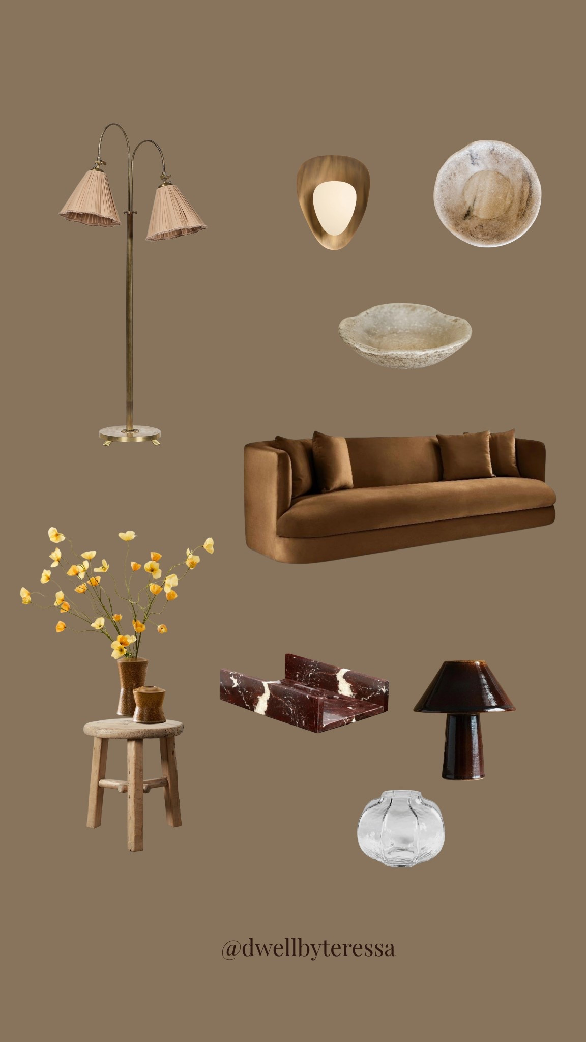 organic modern living room, neutral home aesthetic, curated home styling, high end home decor, restoration hardware style, earthy color palette, warm brown sofa, brass floor lamp, sculptural wall sconce, marble decor bowl, travertine tray, wood stool accent table, glass bud vase, modern table lamp, coffee table styling, elevated home finds #LTKSpringSale

#LTKSaleAlert #LTKHome