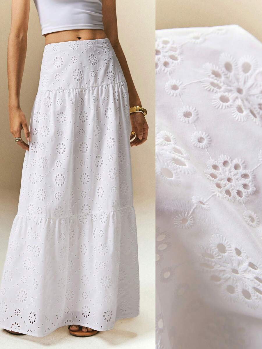 Poéselle French Hollow Crochet Skirt, White Long Skirt, Elastic High Waist Long Tower Skirt, Boh... | SHEIN