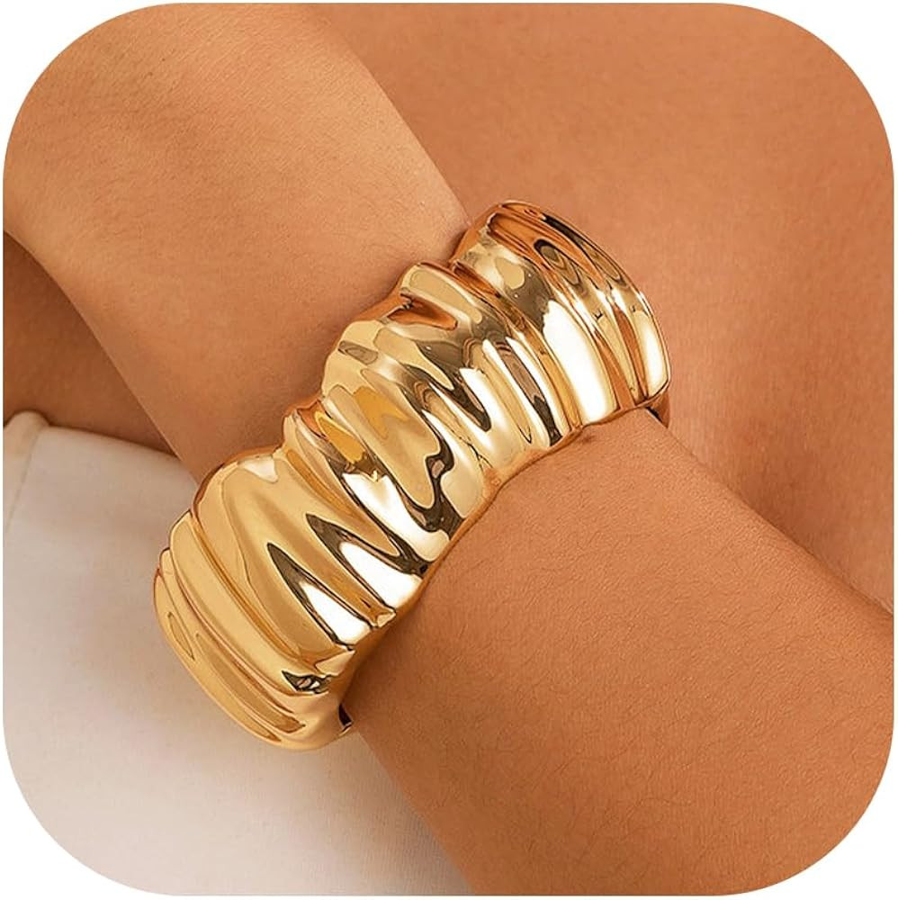 Chunky Bangle Bracelet for Women 14K Gold Plated Irregular Wide Bangle Bracelets Adjustable Wrist... | Amazon (US)