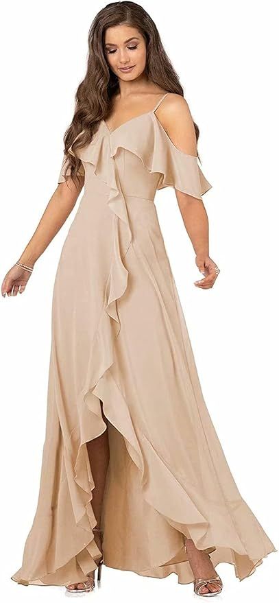 jiepay Women's V-Neck Bridesmaid Dress Low Shoulder Ruffled Style Evening Dress Chiffon Summer Bo... | Amazon (US)